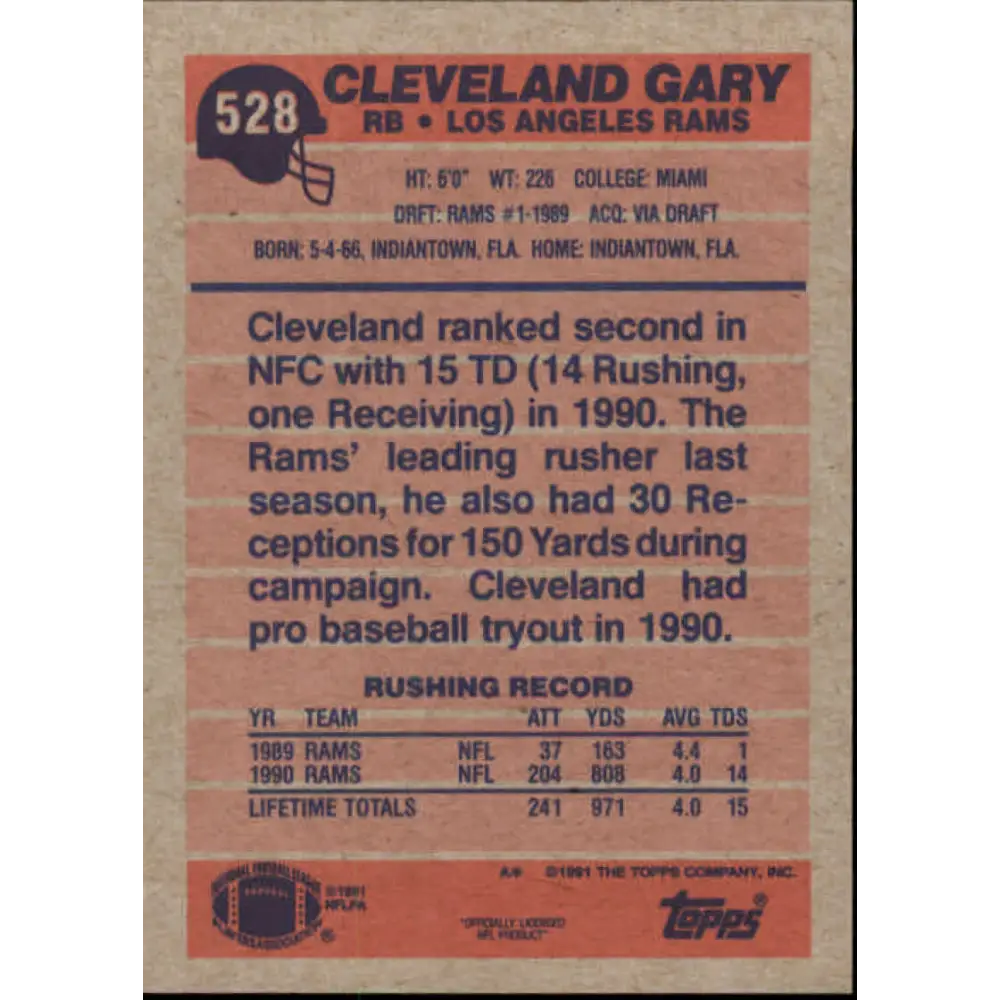 1991 Topps #528 Cleveland Gary NM-MT Los Angeles Rams Football Card Image 2