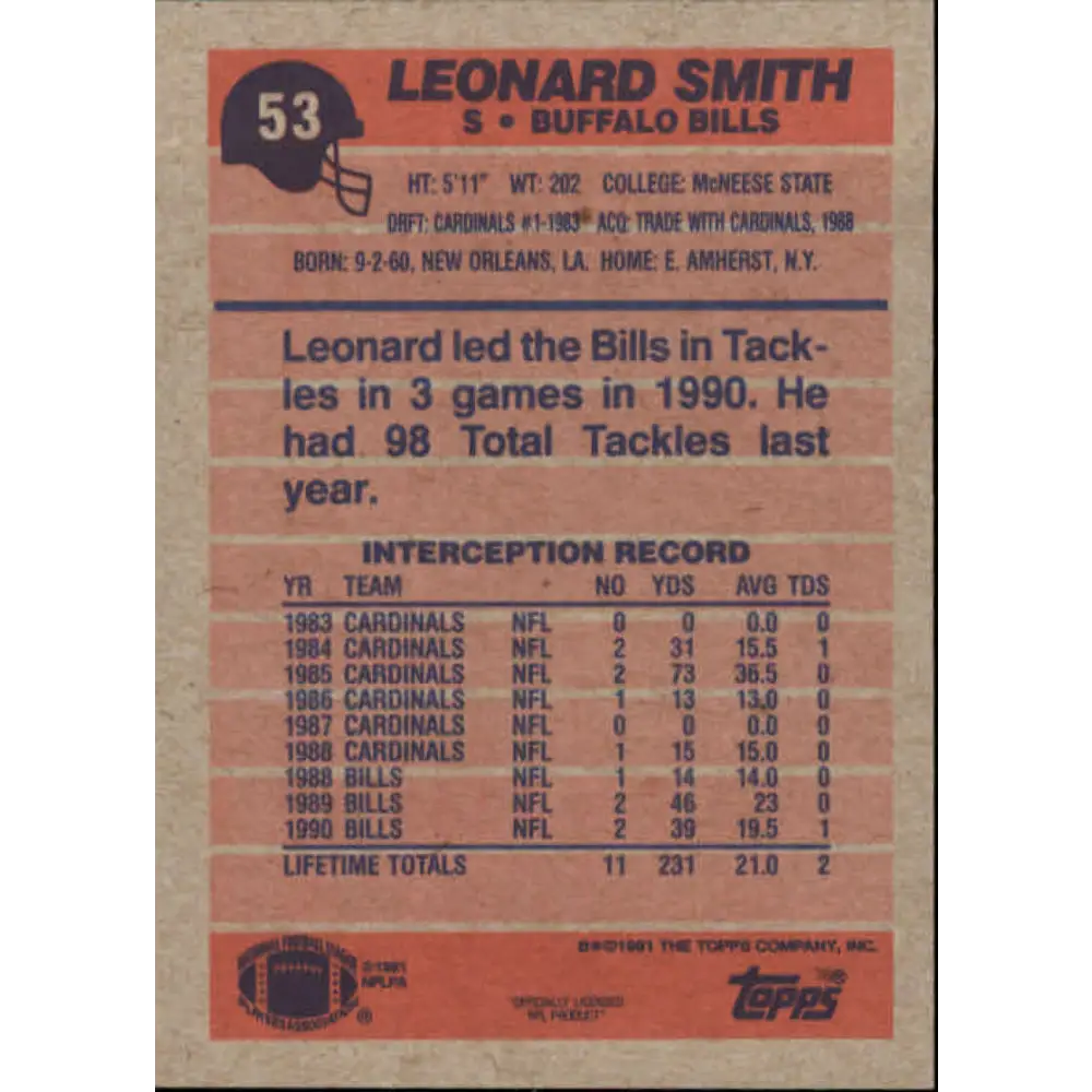 1991 Topps #53 Leonard Smith NM-MT Buffalo Bills Football Card Image 2