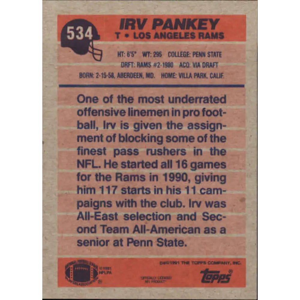 1991 Topps #534 Irv Pankey NM-MT Los Angeles Rams Football Card Image 2