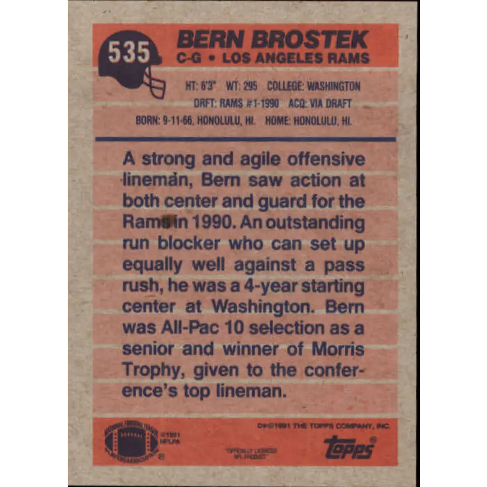 1991 Topps #535 Bern Brostek NM-MT Los Angeles Rams Football Card Image 2