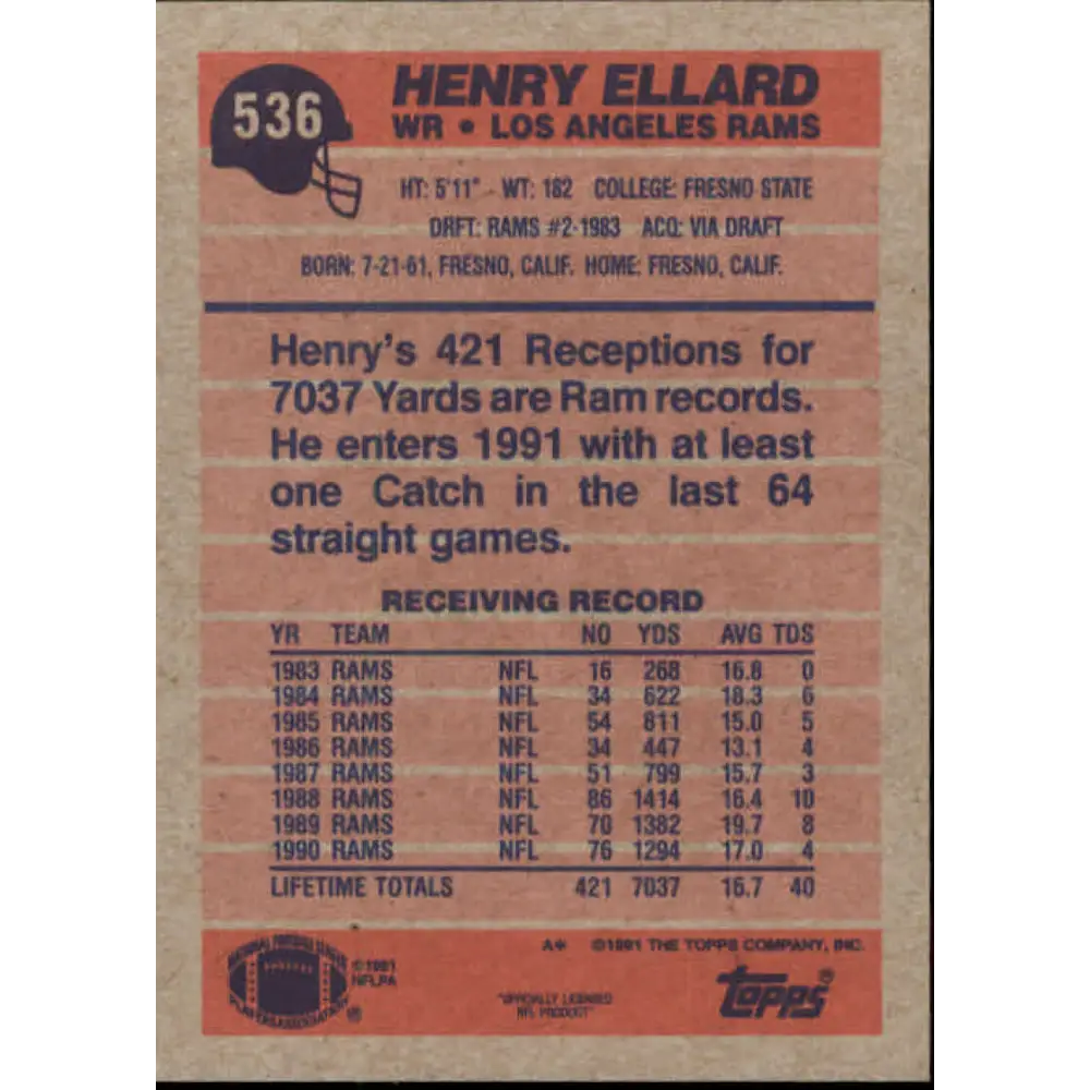 1991 Topps #536 Henry Ellard NM-MT Los Angeles Rams Football Card Image 2