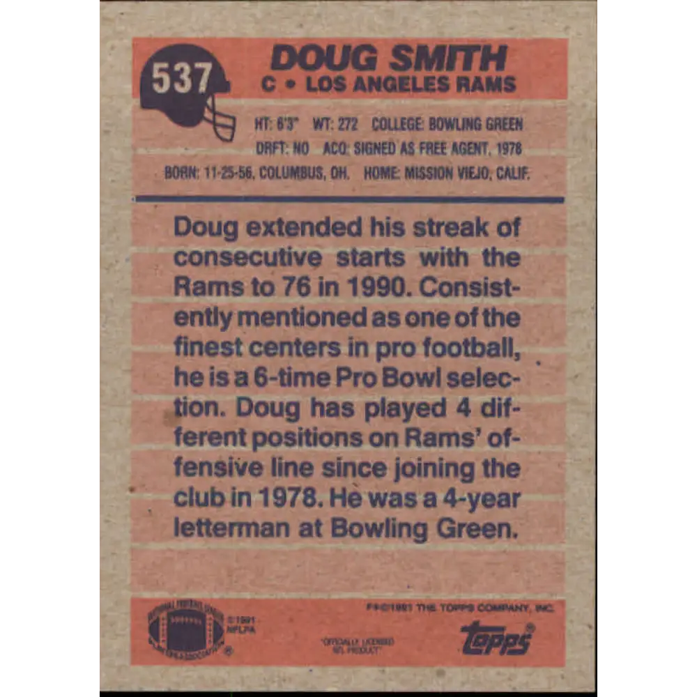 1991 Topps #537 Doug Smith NM-MT Los Angeles Rams Football Card Image 2
