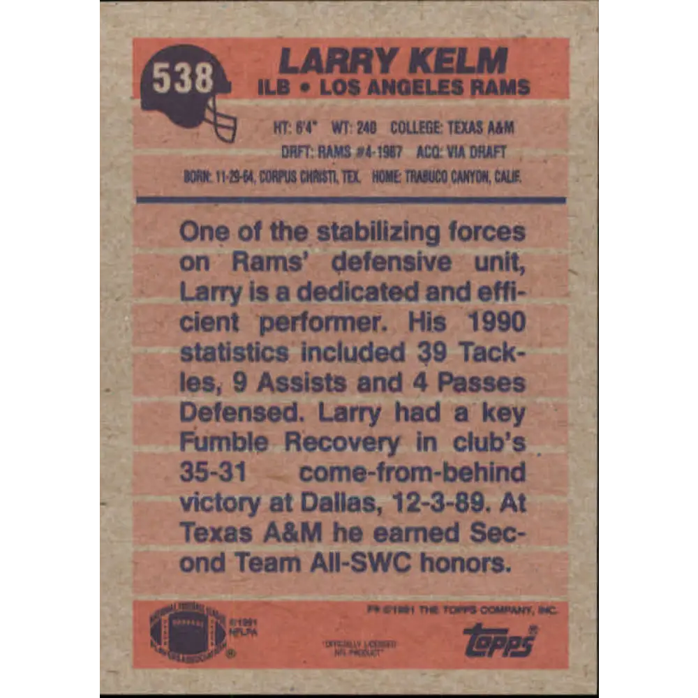 1991 Topps #538 Larry Kelm NM-MT Los Angeles Rams Football Card Image 2
