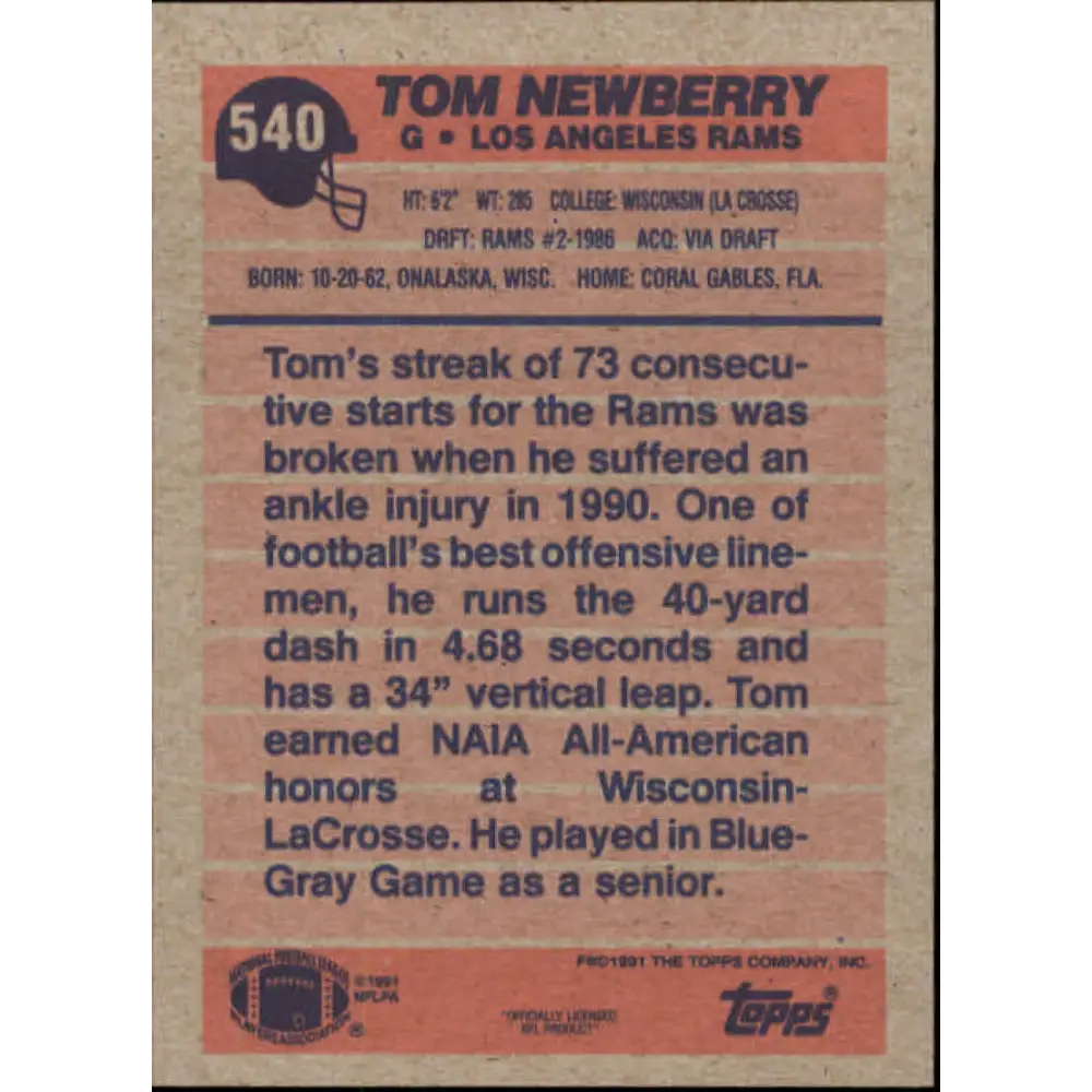 1991 Topps #540 Tom Newberry NM-MT Los Angeles Rams Football Card Image 2