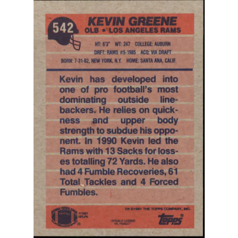 1991 Topps #542 Kevin Greene NM-MT Los Angeles Rams Football Card Image 2