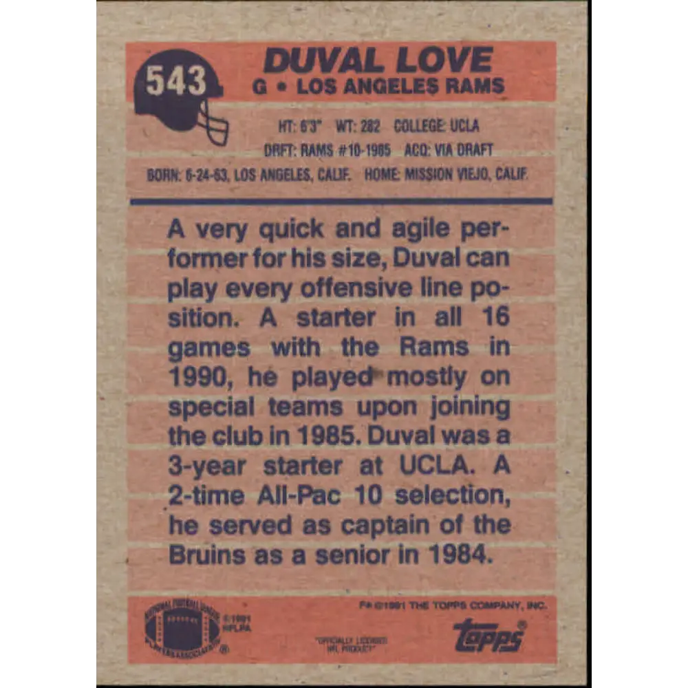 1991 Topps #543 Duval Love NM-MT RC Rookie Los Angeles Rams Football Card Image 2