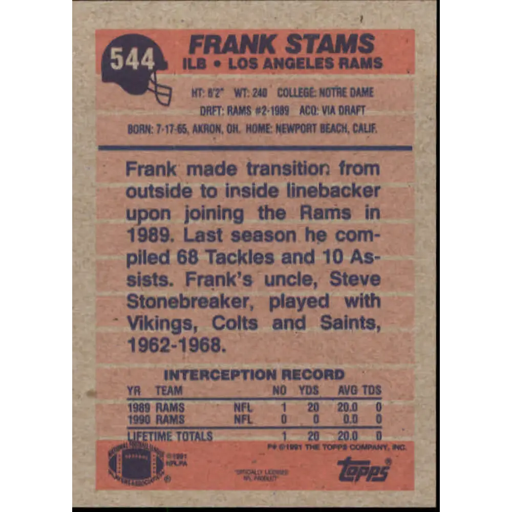 1991 Topps #544 Frank Stams NM-MT Los Angeles Rams Football Card Image 2