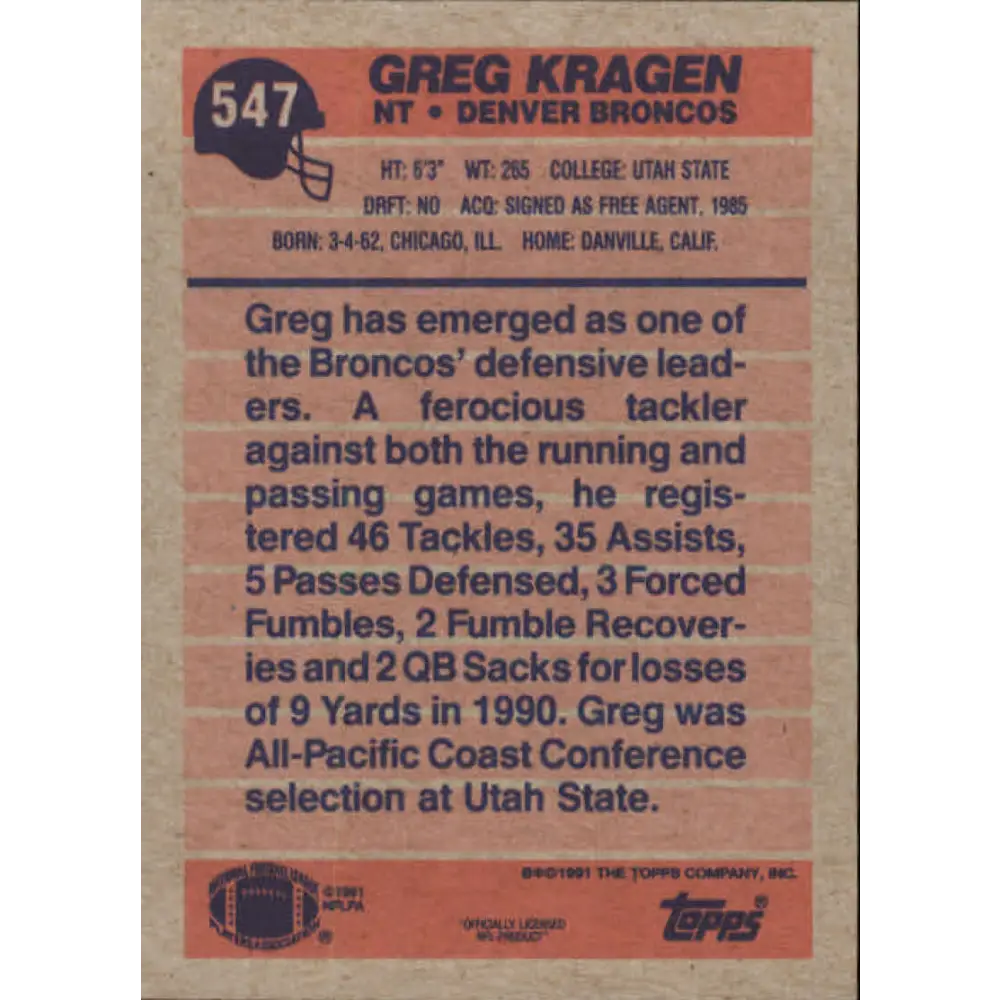 1991 Topps #547 Greg Kragen NM-MT Denver Broncos Football Card Image 2