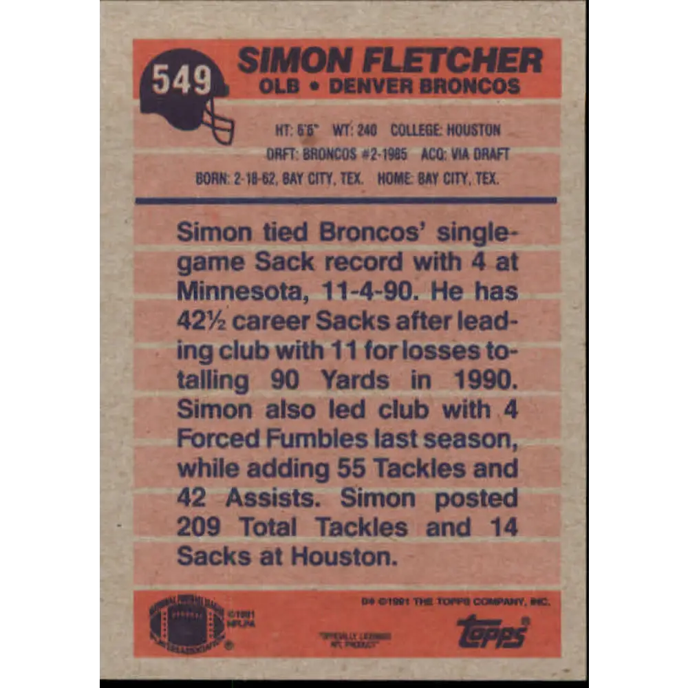 1991 Topps #549 Simon Fletcher NM-MT Denver Broncos Football Card Image 2