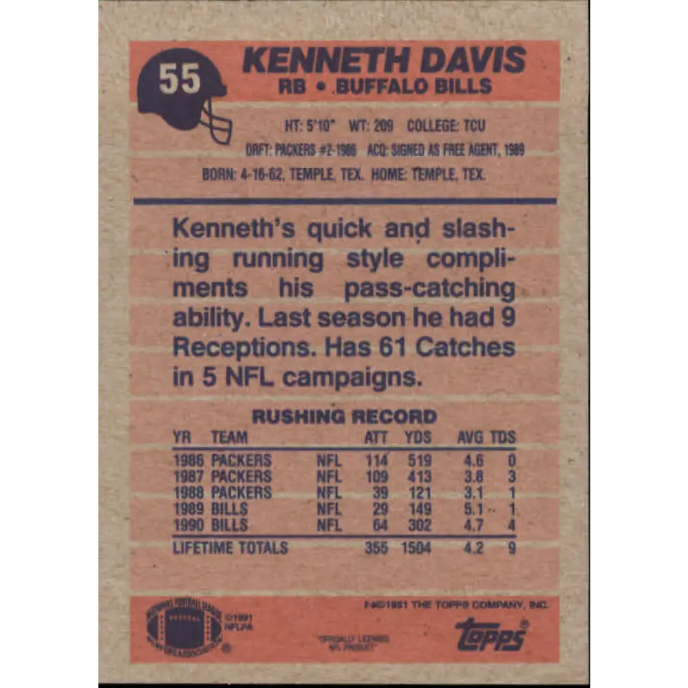 1991 Topps #55 Kenneth Davis NM-MT Buffalo Bills Football Card Image 2