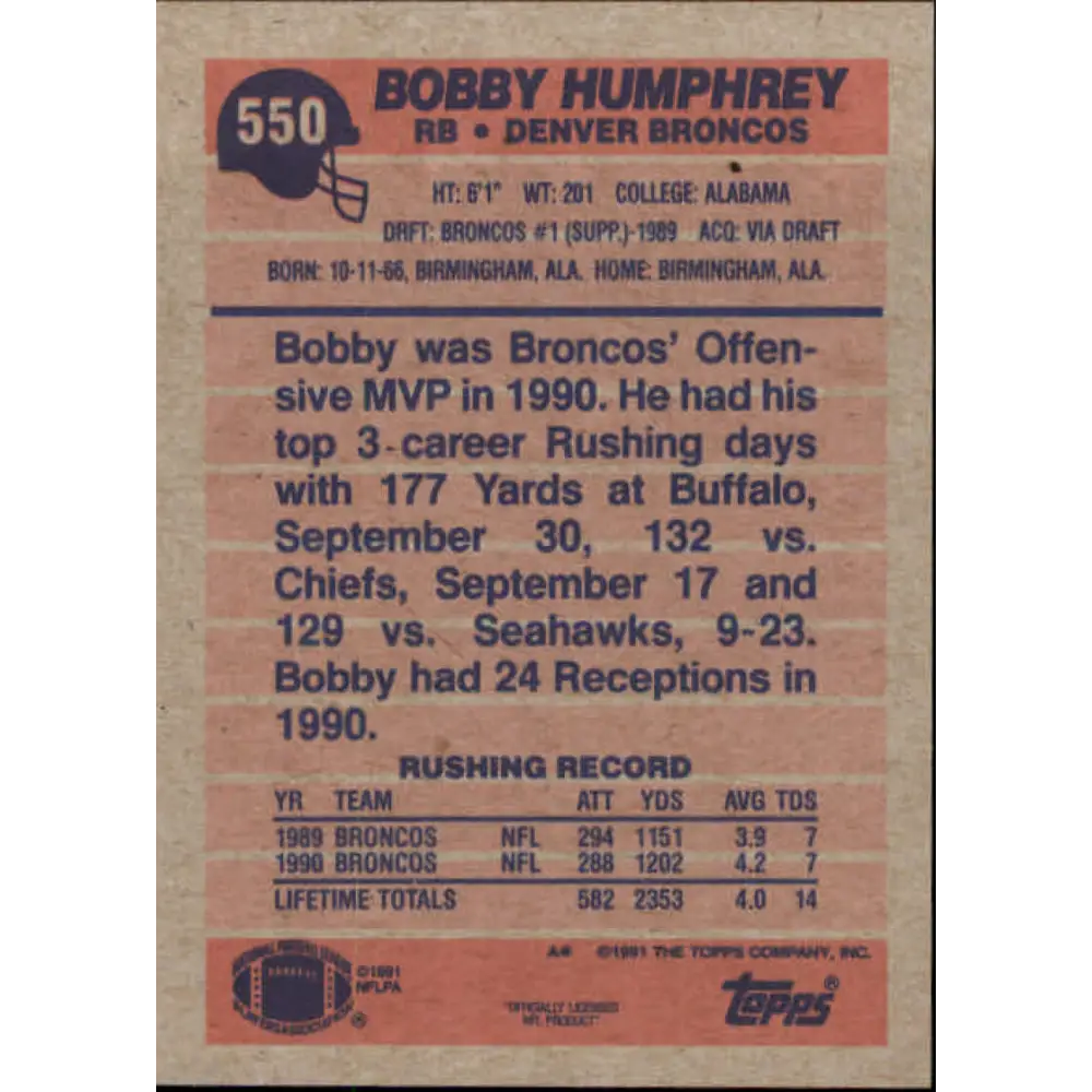 1991 Topps #550 Bobby Humphrey NM-MT Denver Broncos Football Card Image 2