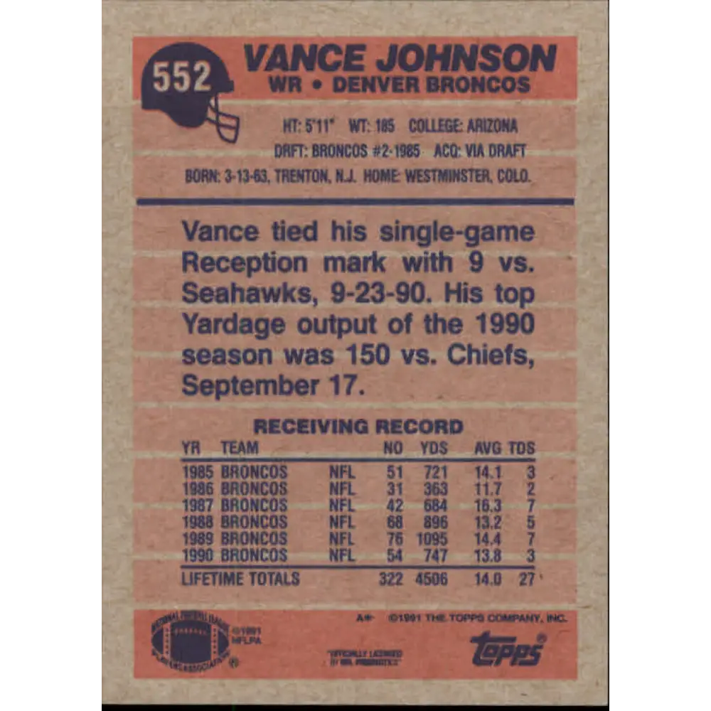 1991 Topps #552 Vance Johnson NM-MT Denver Broncos Football Card Image 2
