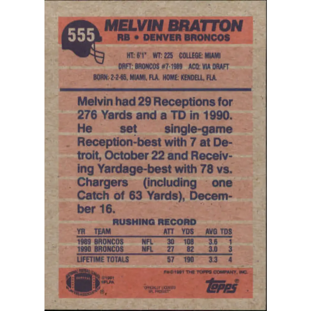 1991 Topps #555 Melvin Bratton NM-MT Denver Broncos Football Card Image 2