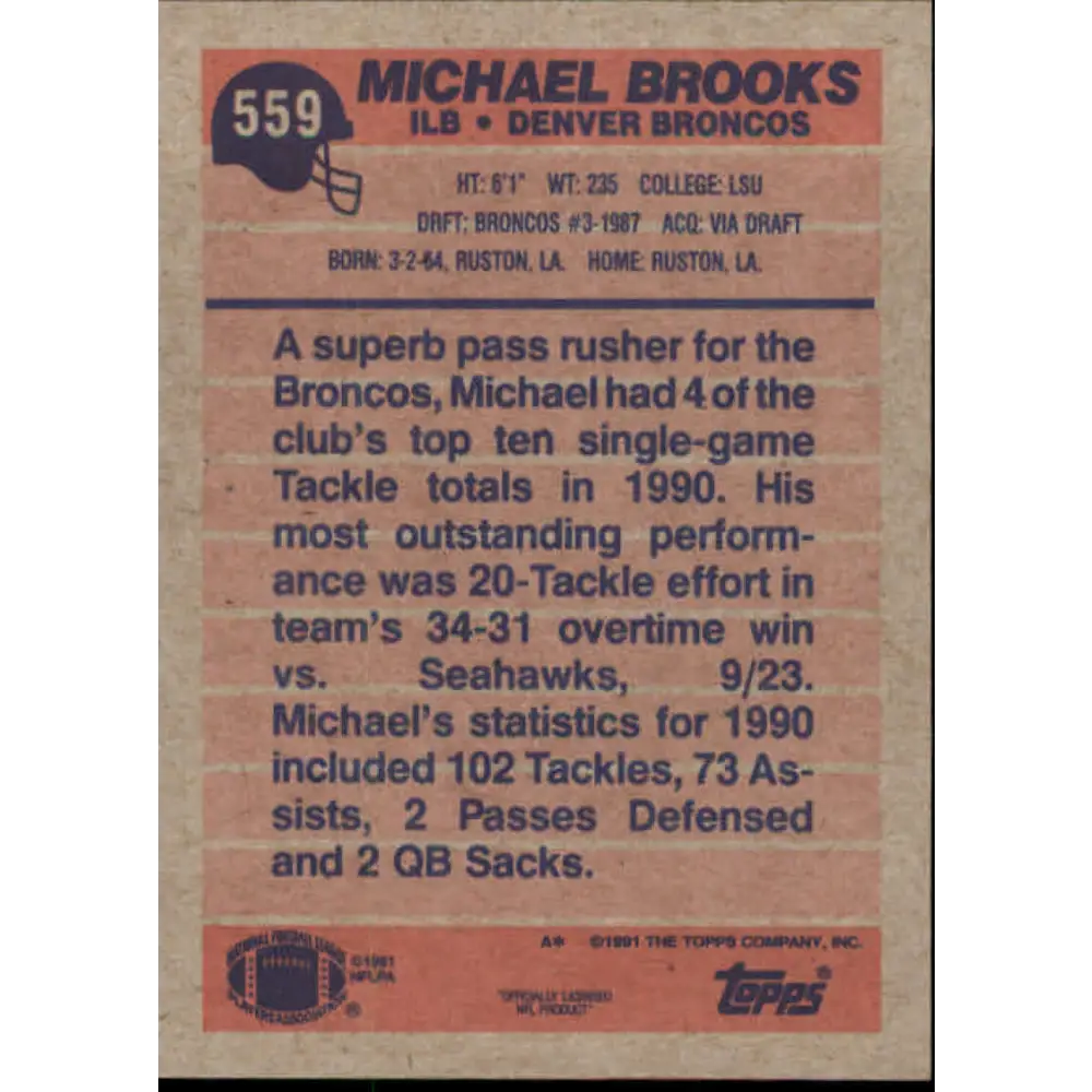 1991 Topps #559 Michael Brooks NM-MT Denver Broncos Football Card Image 2