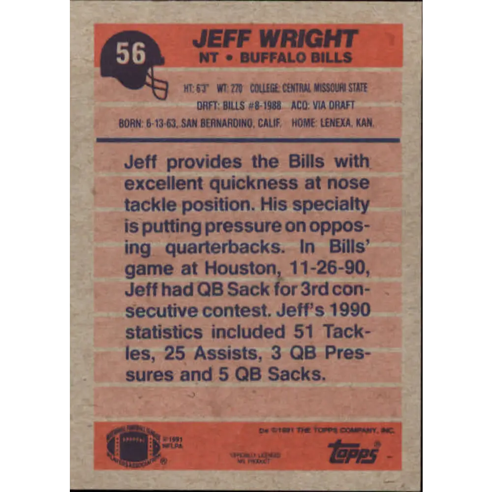 1991 Topps #56 Jeff Wright NM-MT RC Rookie Buffalo Bills Football Card Image 2
