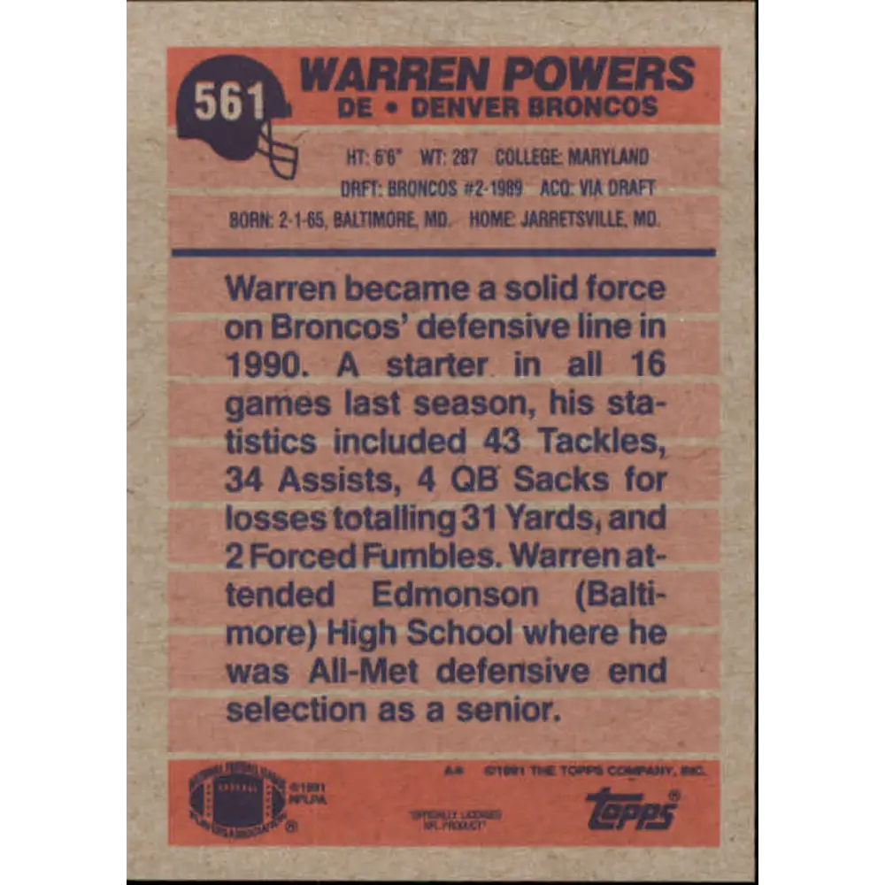 1991 Topps #561 Warren Powers NM-MT Denver Broncos Football Card Image 2
