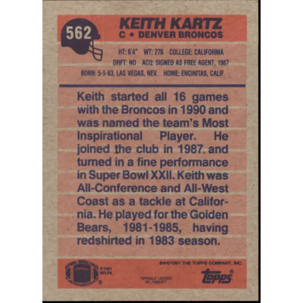 1991 Topps #562 Keith Kartz NM-MT RC Rookie Denver Broncos Football Card Image 2