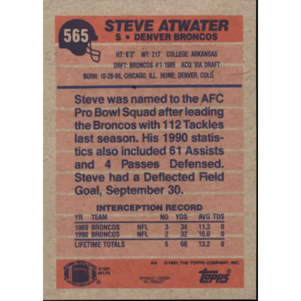 1991 Topps #565 Steve Atwater NM-MT Denver Broncos Football Card Image 2