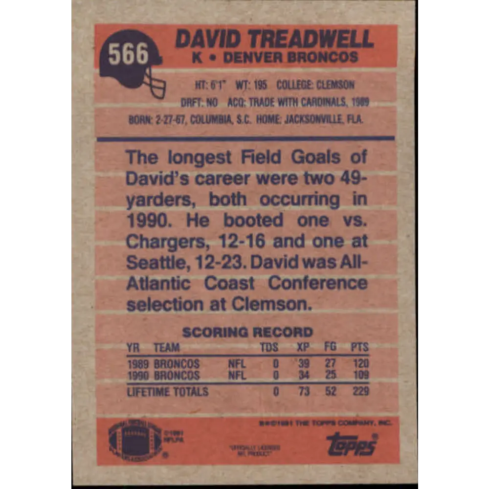 1991 Topps #566 David Treadwell NM-MT Denver Broncos Football Card Image 2