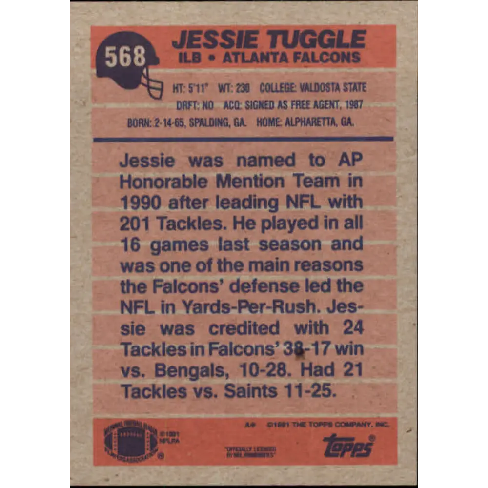 1991 Topps #568 Jessie Tuggle NM-MT Atlanta Falcons Football Card Image 2