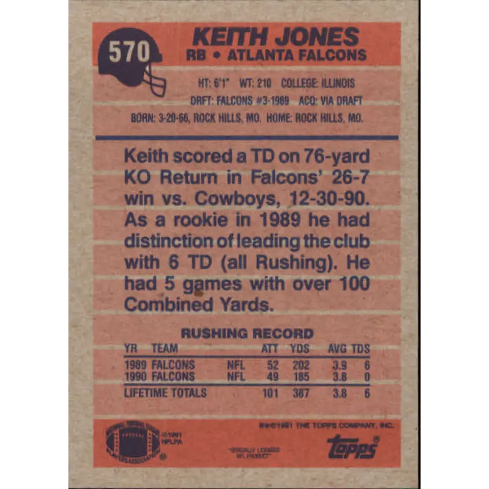 1991 Topps #570 Keith Jones NM-MT Atlanta Falcons Football Card Image 2