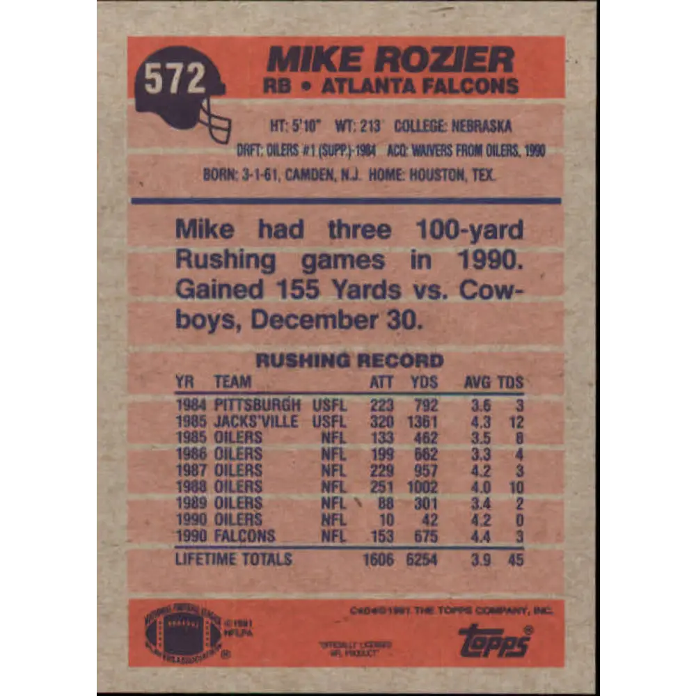 1991 Topps #572 Mike Rozier NM-MT Atlanta Falcons Football Card Image 2