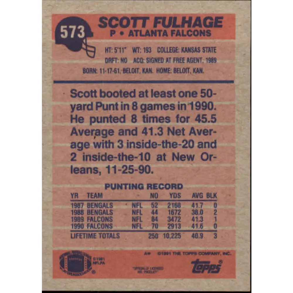 1991 Topps #573 Scott Fulhage NM-MT Atlanta Falcons Football Card Image 2