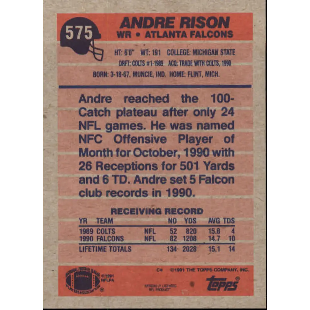 1991 Topps #575 Andre Rison NM-MT Atlanta Falcons Football Card Image 2