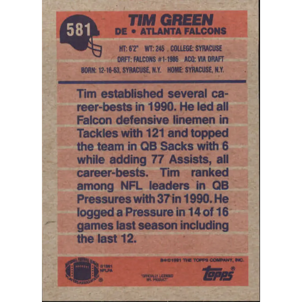 1991 Topps #581 Tim Green NM-MT Atlanta Falcons Football Card Image 2