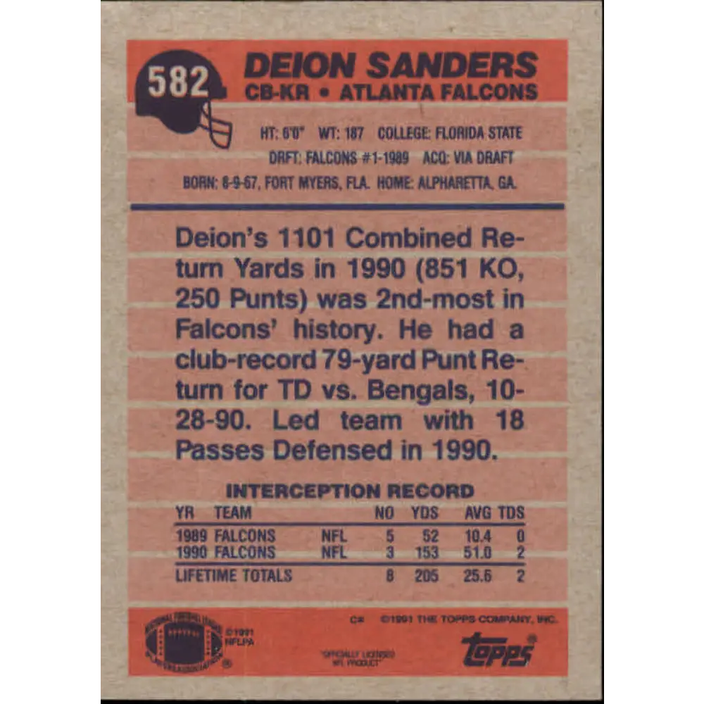 1991 Topps #582 Deion Sanders NM-MT Atlanta Falcons Football Card Image 2