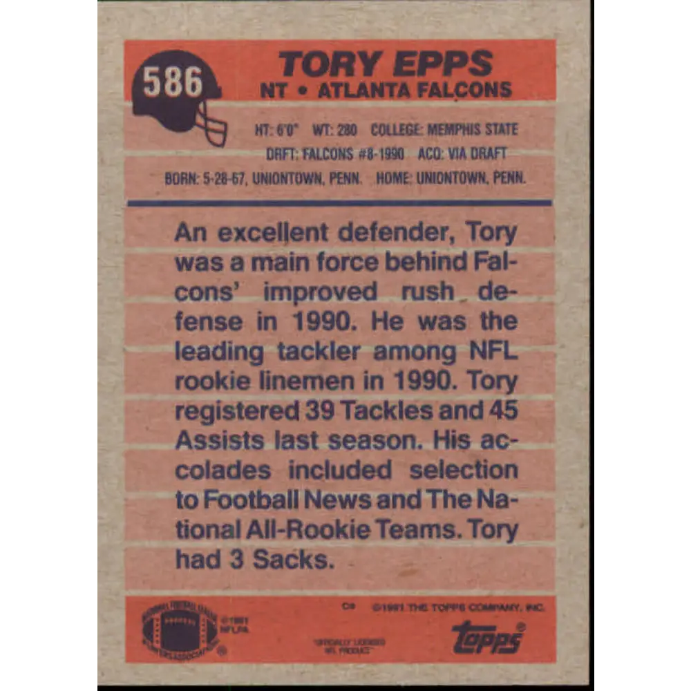 1991 Topps #586 Tory Epps NM-MT RC Rookie Atlanta Falcons Football Card Image 2