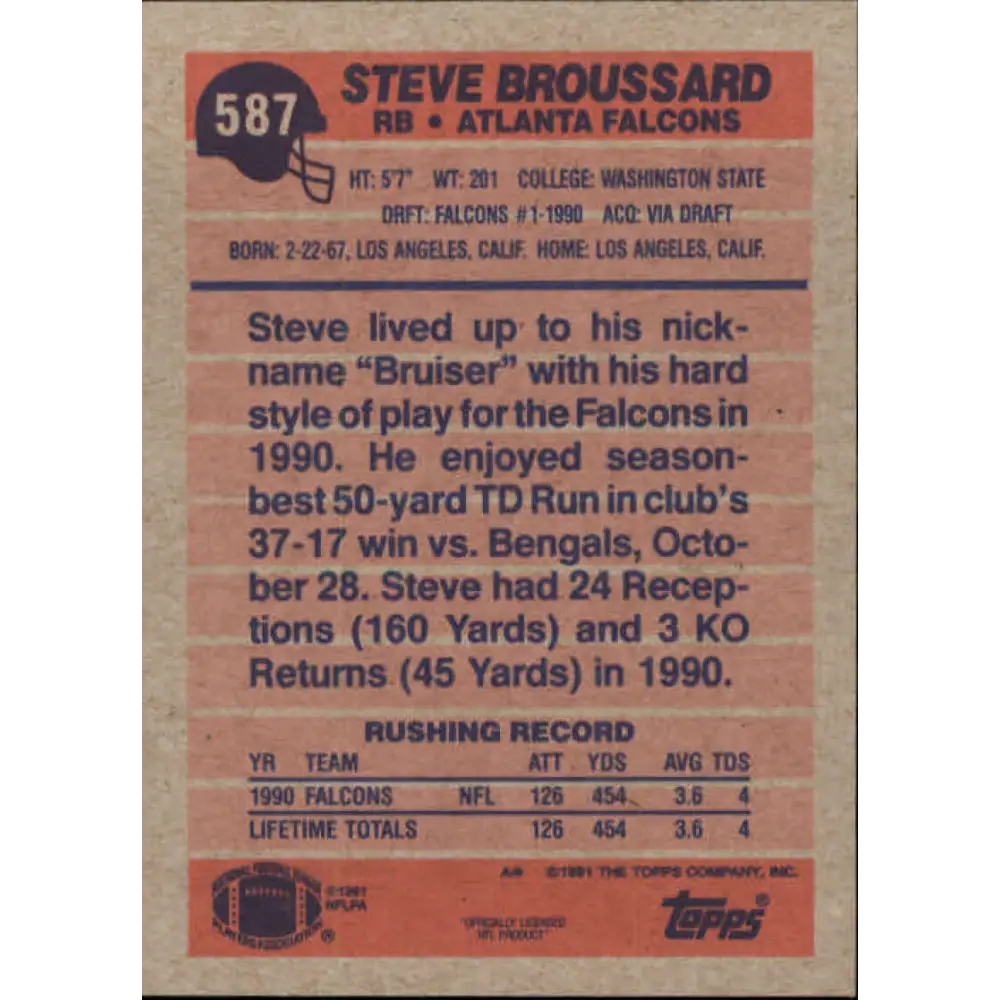 1991 Topps #587 Steve Broussard NM-MT Atlanta Falcons Football Card Image 2