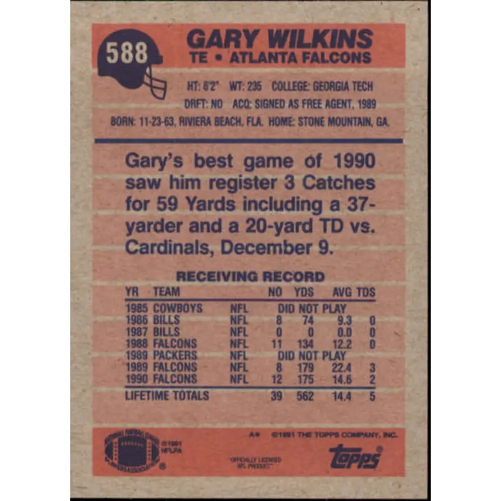 1991 Topps #588 Gary Wilkins NM-MT Atlanta Falcons Football Card Image 2