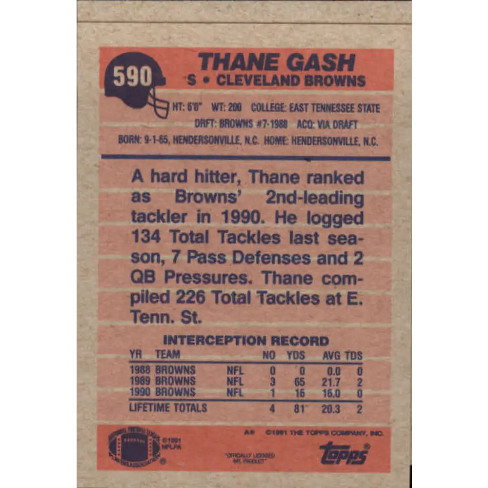 1991 Topps #589 Eric Turner NM-MT RC Rookie Cleveland Browns Football Card Image 2