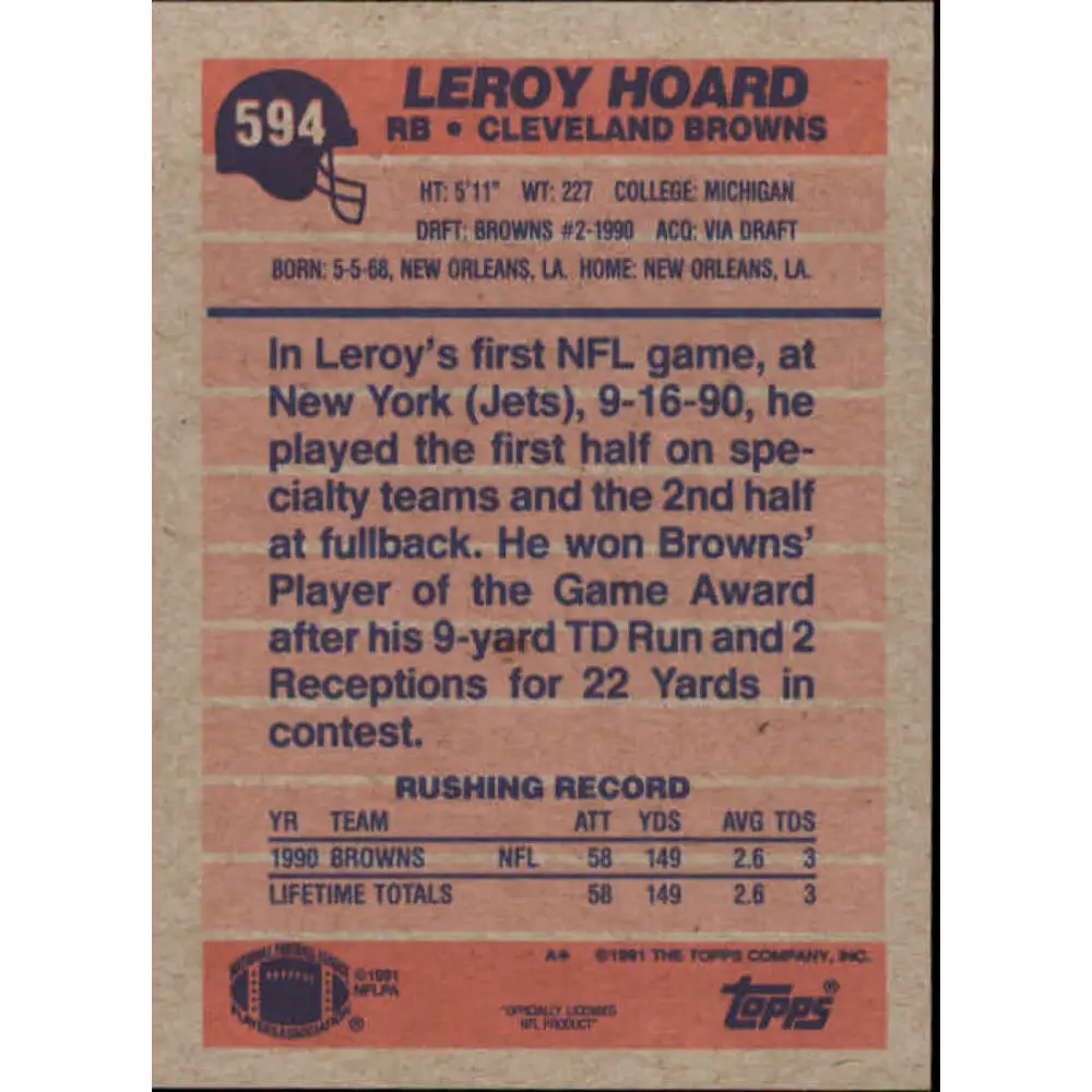 1991 Topps #594 Leroy Hoard NM-MT Cleveland Browns Football Card Image 2