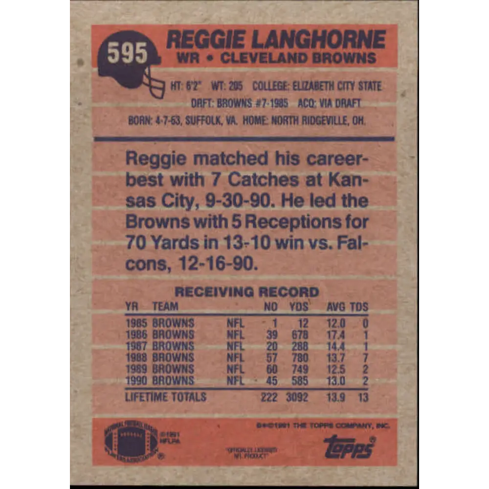 1991 Topps #595 Reggie Langhorne NM-MT Cleveland Browns Football Card Image 2