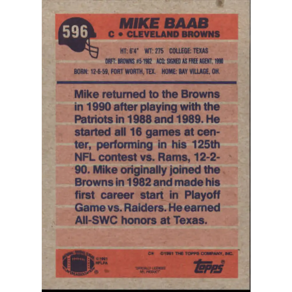 1991 Topps #596 Mike Baab NM-MT Cleveland Browns Football Card Image 2