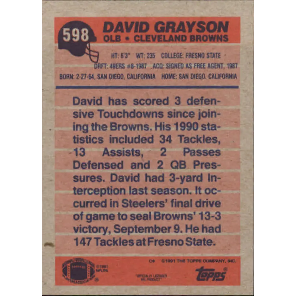 1991 Topps #598 David Grayson NM-MT Cleveland Browns Football Card Image 2