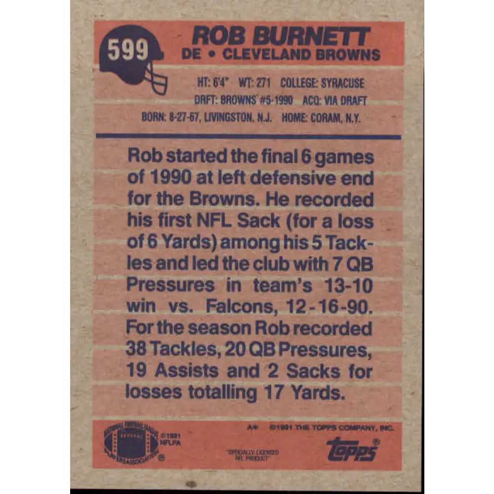 1991 Topps #599 Rob Burnett NM-MT RC Rookie Cleveland Browns Football Card Image 2