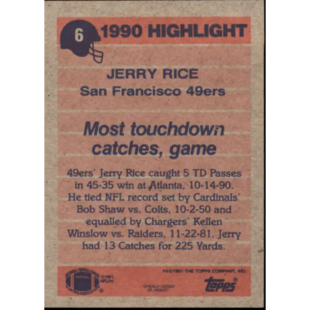 1991 Topps #6 Jerry Rice NM-MT San Francisco 49ers Football Card Image 2