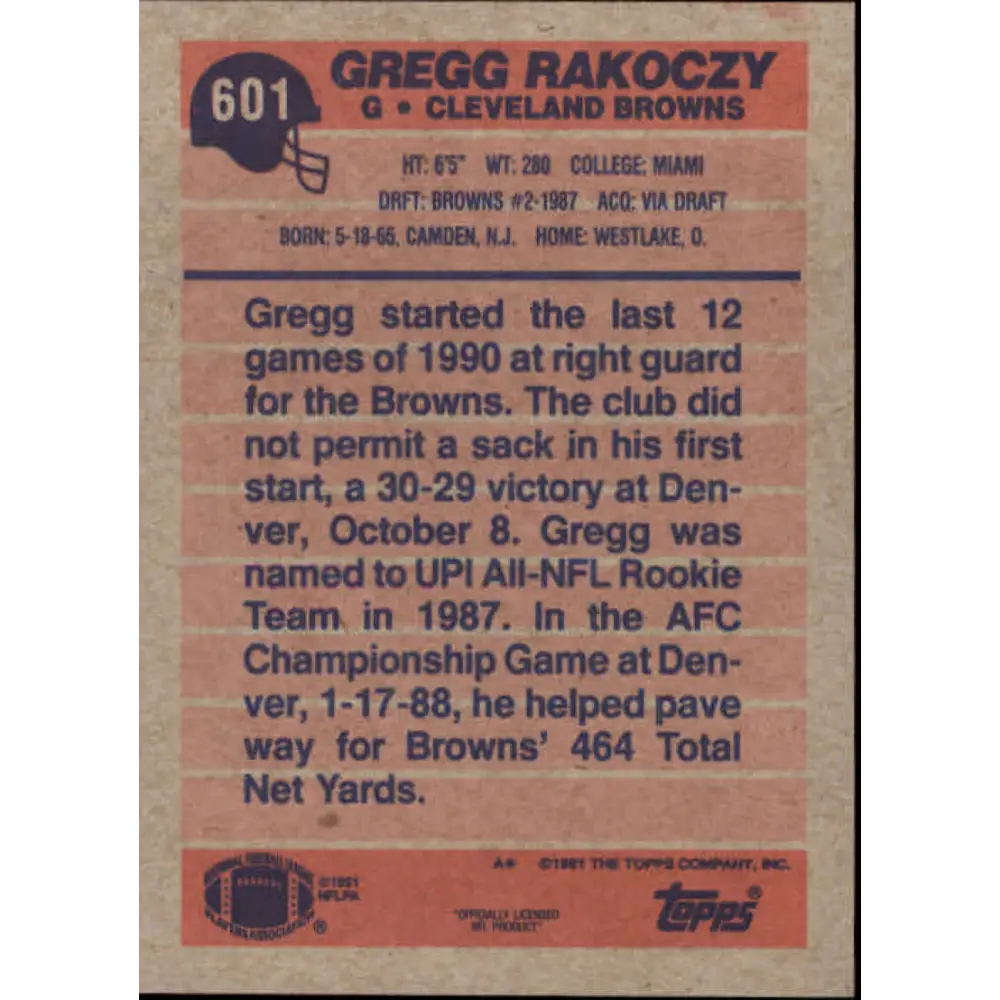 1991 Topps #601 Gregg Rakoczy NM-MT Cleveland Browns Football Card Image 2