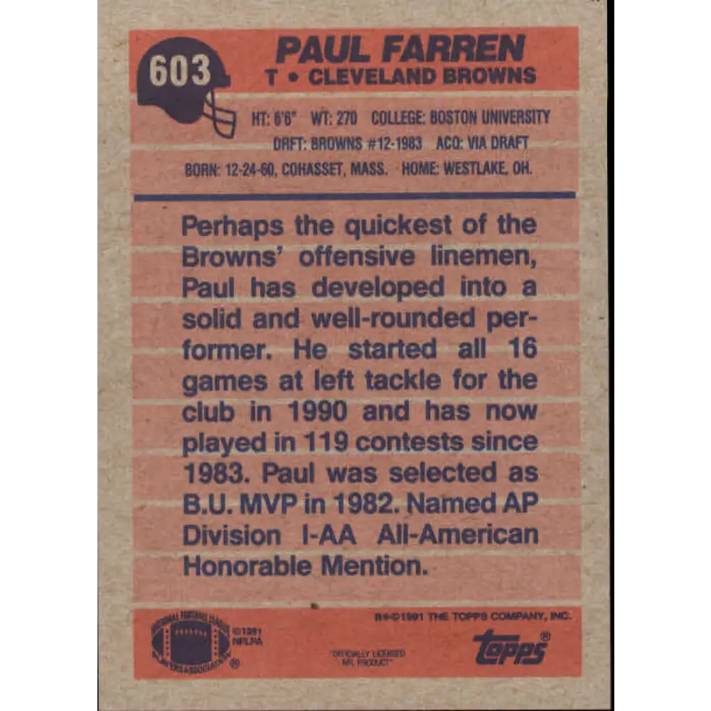 1991 Topps #603 Paul Farren NM-MT Cleveland Browns Football Card Image 2