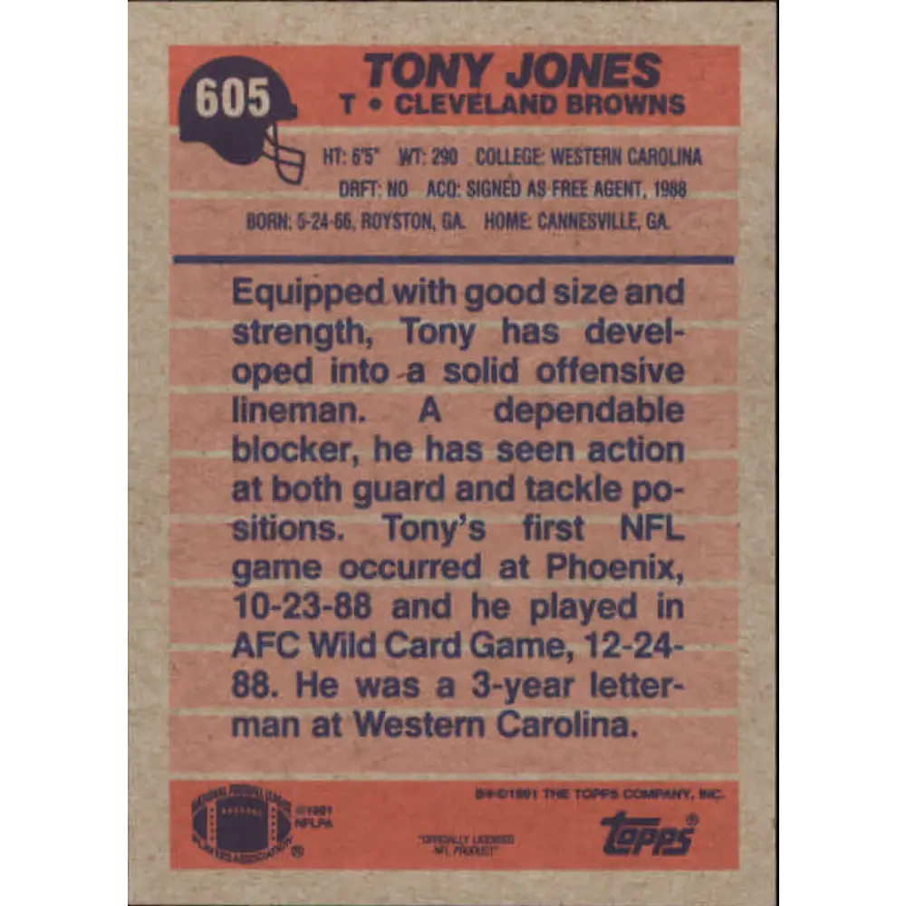 1991 Topps #605 Tony Jones NM-MT RC Rookie Cleveland Browns Football Card Image 2