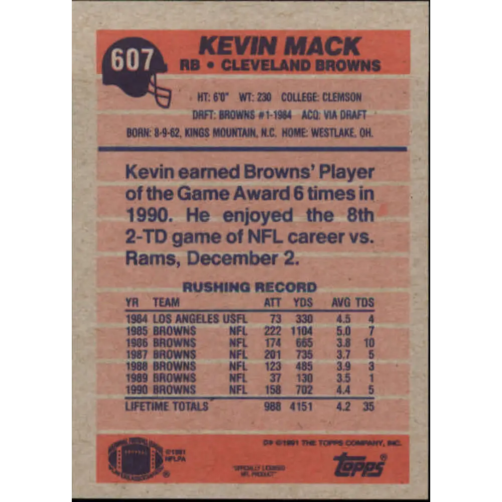 1991 Topps #607 Kevin Mack NM-MT Cleveland Browns Football Card Image 2