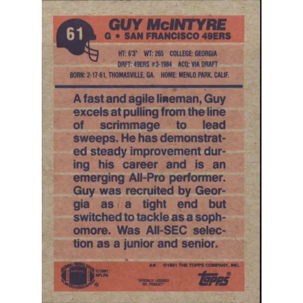 1991 Topps #61 Guy McIntyre NM-MT San Francisco 49ers Football Card Image 2