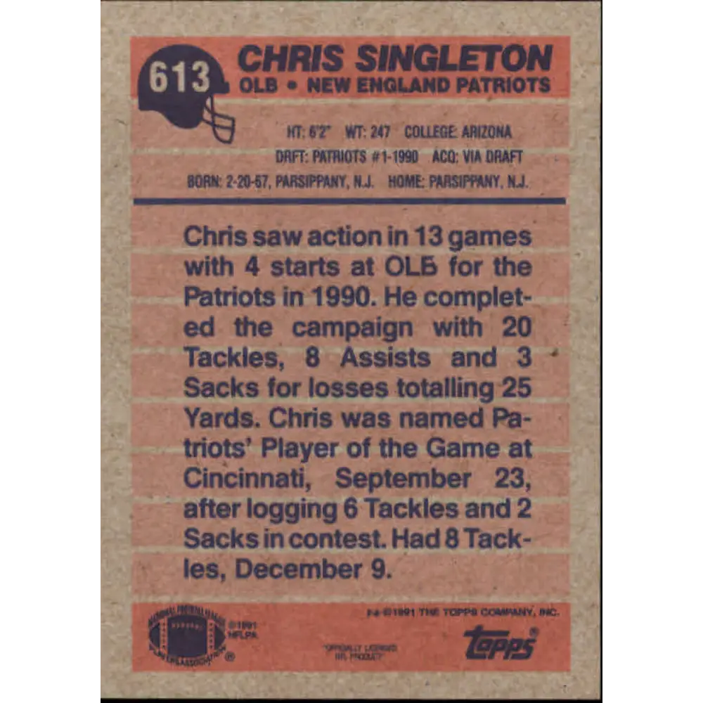 1991 Topps #613 Chris Singleton NM-MT New England Patriots Football Card Image 2