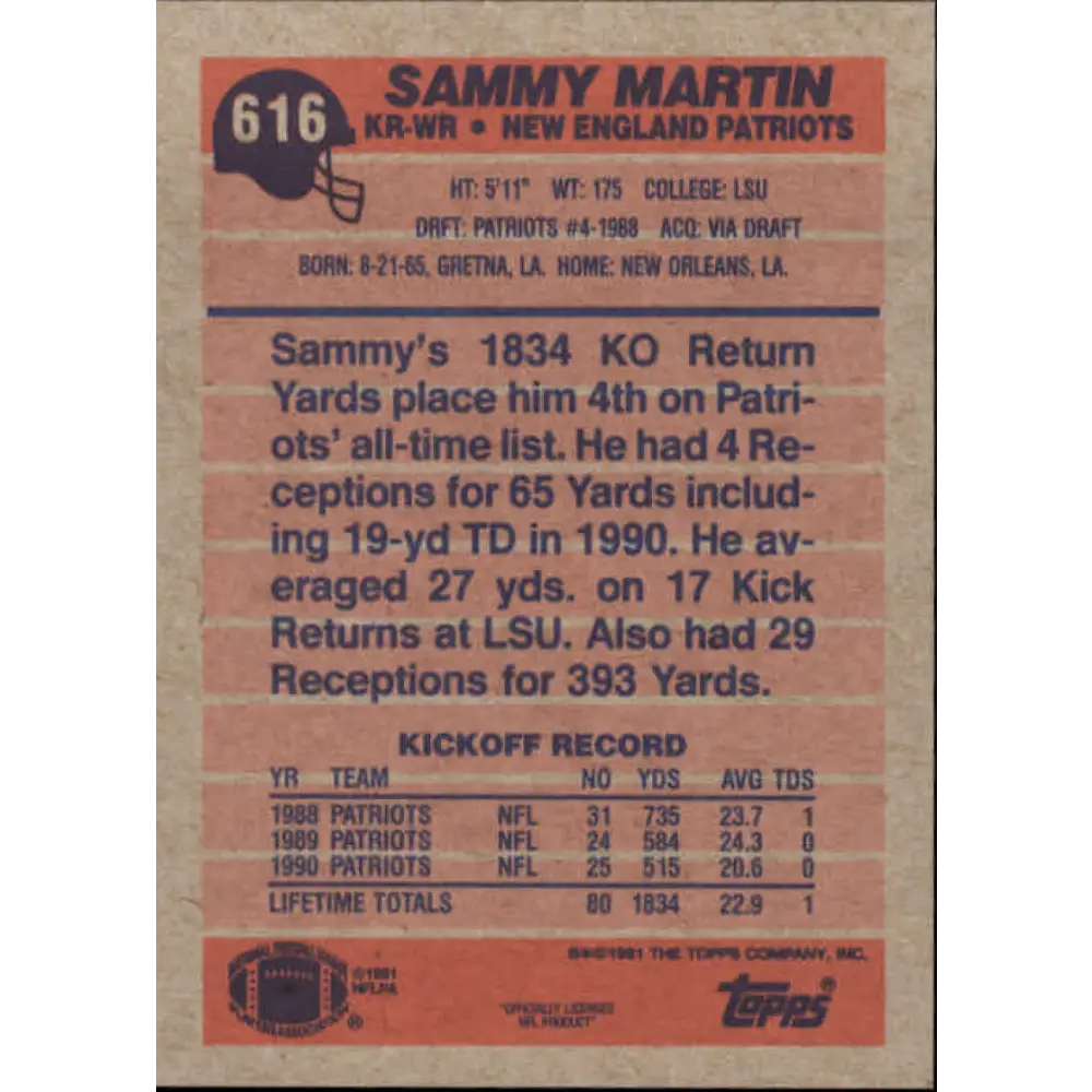 1991 Topps #616 Sammy Martin NM-MT New England Patriots Football Card Image 2