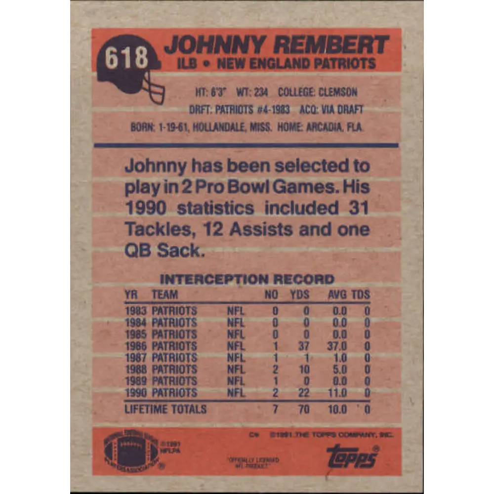 1991 Topps #618 Johnny Rembert NM-MT New England Patriots Football Card Image 2