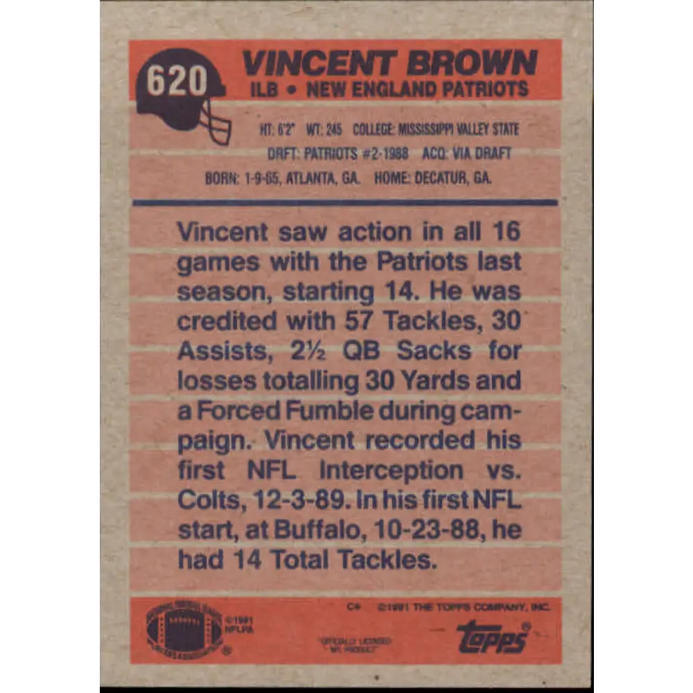 1991 Topps #620 Vincent Brown NM-MT New England Patriots Football Card Image 2