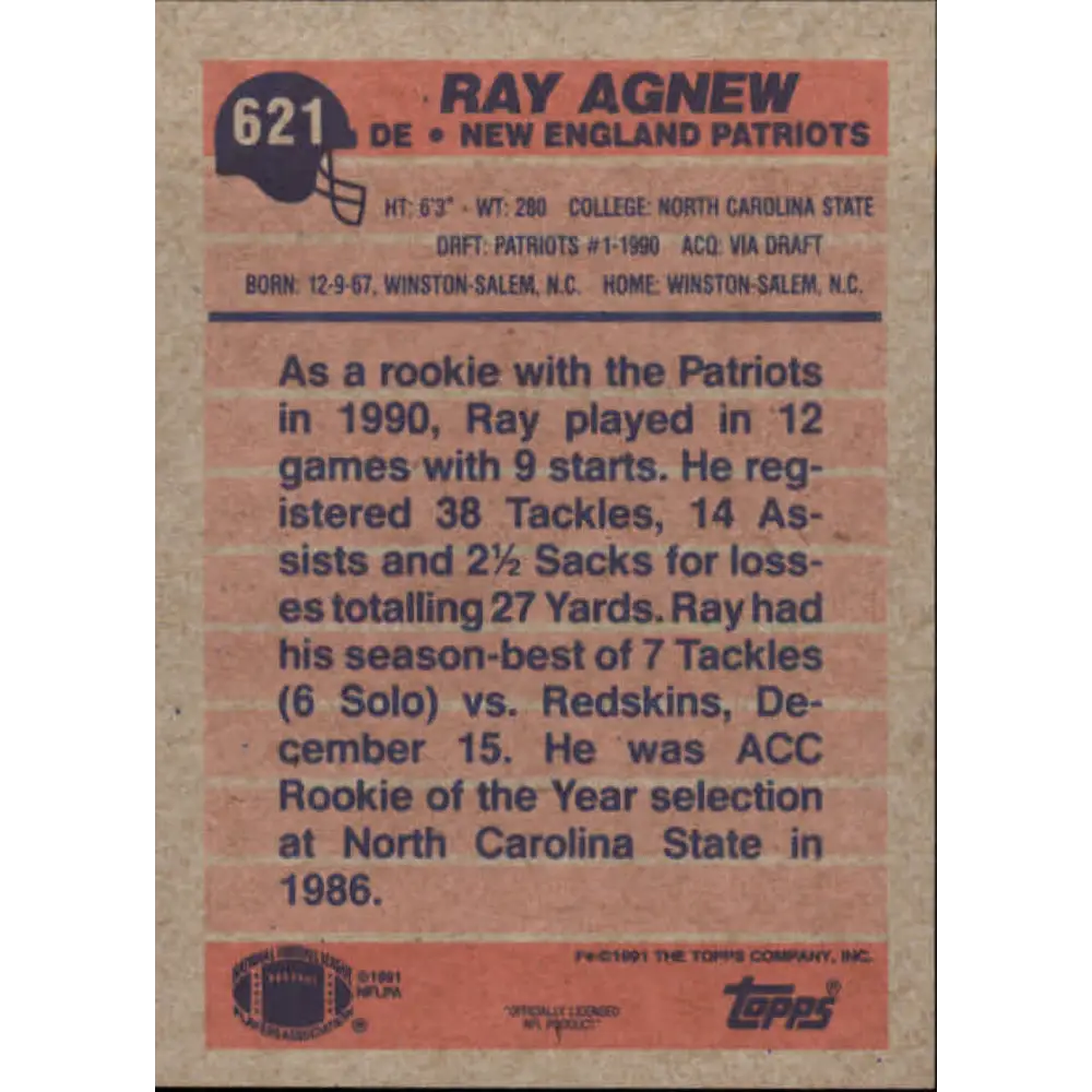 1991 Topps #621 Ray Agnew NM-MT RC Rookie New England Patriots Football Card Image 2